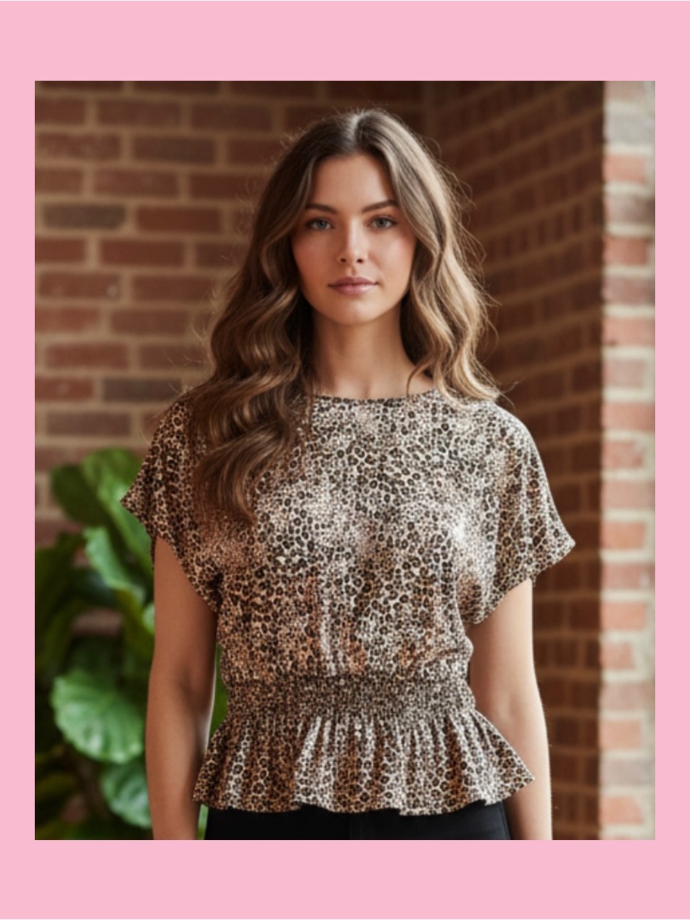 No Boundaries Leopard Print Short Sleeve Peplum Top - Brown/Cream
